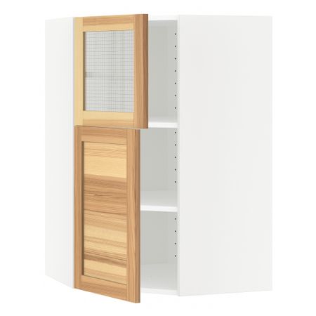 Угловой навесной шкаф + полки, 1 дверца, 1 стеклянные дверцы МЕТОД, белый, Торхэмн ясень (68x100 см)