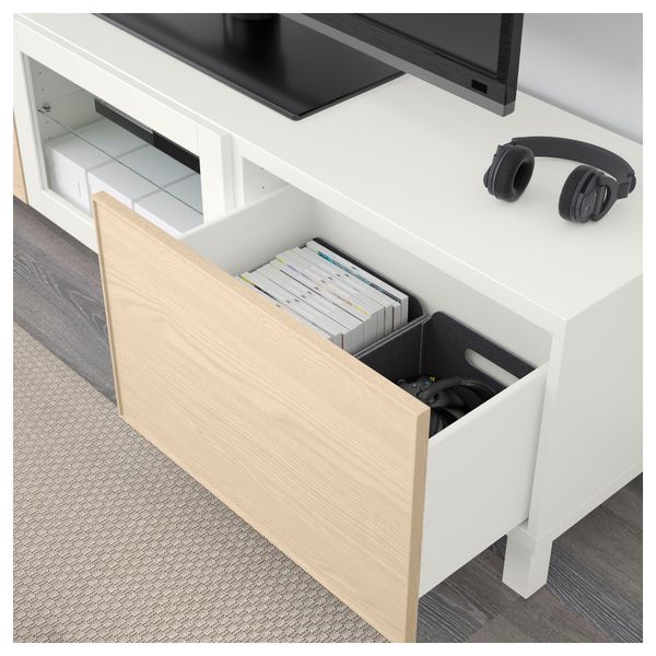 Тумба под ТВ с ящиками и дверцей БЕСТО, белый Инвикен, ясеневый шпон прозрачное стекло (180x40x48 см) - фото 3