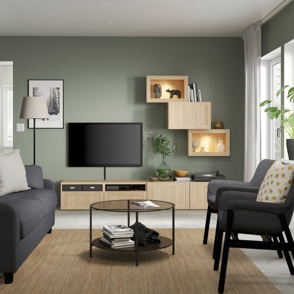 Комбинация для ТВ/стеклянные дверцы, под беленый дуб Синдвик/Ханвикен под беленый дуб, прозрачное стелко 240x42x190 см IKEA - фото 3