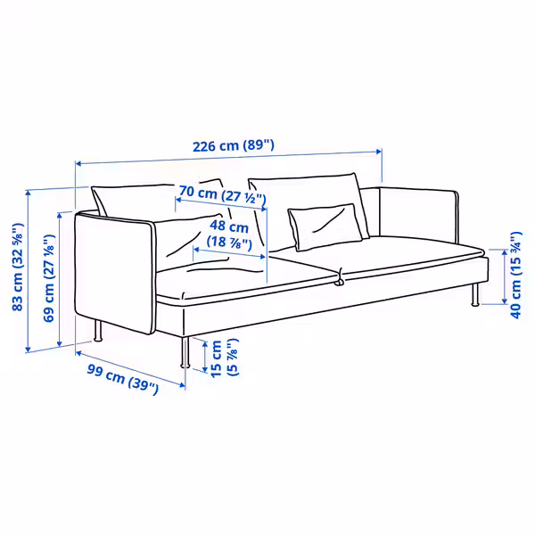 SÖDERHAMN 3-местный диван-кровать - Viarp бежевый/коричневый - схема-чертеж с размерами