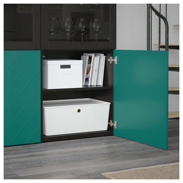 Комбинация для хранения со стеклянными дверцами БЕСТО, черно-коричневый Халлставик, сине-зеленый прозрачное стекло (120x40x192 - схема-чертеж с размерами