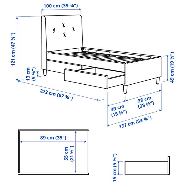 Кровать с отделением для хранения, Gunnared темно-серый, 90x200 см IKEA IDANÄS ИДАНЭС 104.596.20 - схема-чертеж с размерами