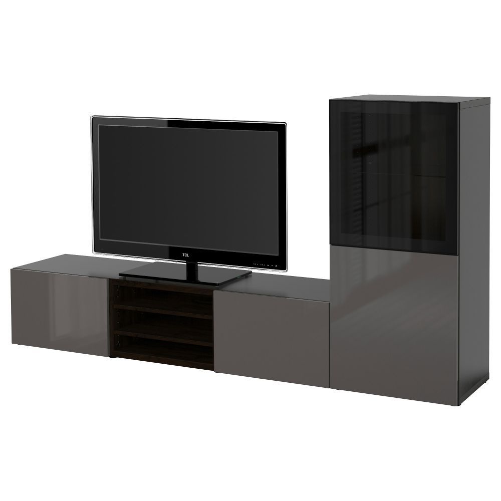 Шкаф для ТВ, комбинированный, стекляные дверцы БЕСТО, черно-коричневый, Сельсвикен глянцевый/серый прозрачное стекло (240x40x128 - фото 1