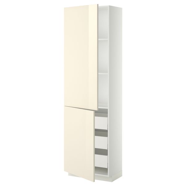 Высокий шкаф + полки, 3 ящика, 2 дверцы МЕТОД / МАКСИМЕРА, белый, Рингульт кремовый - фото 1