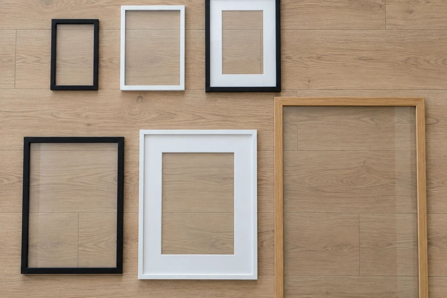 Раскладка шести рамок IKEA от 13×18 до 61×91: чёрные, белые и дубовые профили для сравнения серий