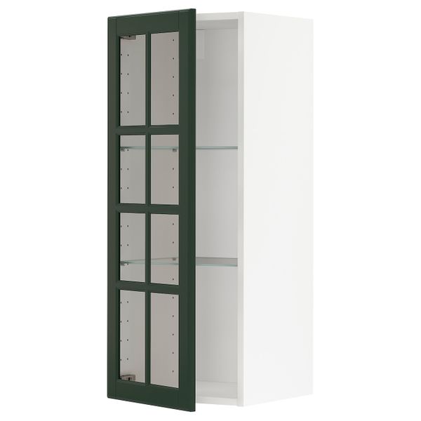 Навесной шкаф с полками, стекляными дв, белый/Будбин темно-зеленый 40x100 см IKEA METOD МЕТОД 593.122.69 - фото 1