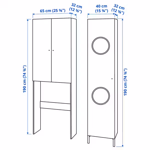 NYSJÖN Комбинация для хранения д/прачечной - белый 105x32x190 см - схема-чертеж с размерами