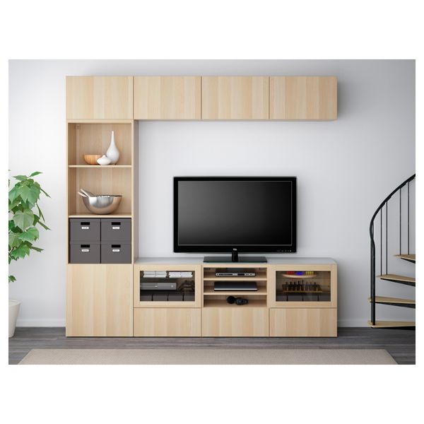 Шкаф для ТВ, комбинированный, стекляные дверцы БЕСТО, Лаппвикен, Синдвик под беленый дуб, прозрачное стелко (240x40x230 см) - фото 2