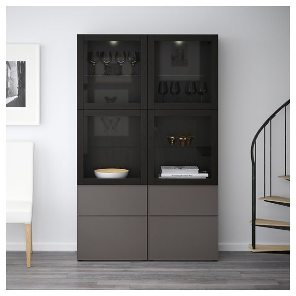 Комбинация для хранения со стеклянными дверцами БЕСТО, черно-коричневый Грундсвикен, темно-серый прозрачное стекло (120x40x192 - фото 3