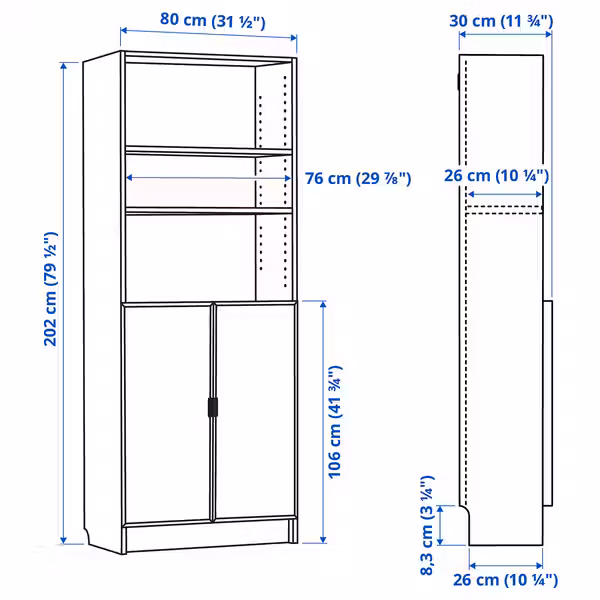 BILLY / HÖGBO Стеллаж со стеклянными дверцами - чёрный под дуб 80x30x202 см - схема-чертеж с размерами