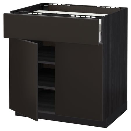 Напольный шкаф для варочной панели, ящик, полка, 2 дверцы МЕТОД / МАКСИМЕРА, черный, Кунгсбакка антрацит (80x60 см)