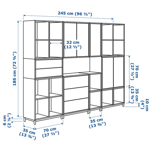 Комбинация шкафов с ножками ЭКЕТ, разноцветный (245x35x185 см) - схема-чертеж с размерами