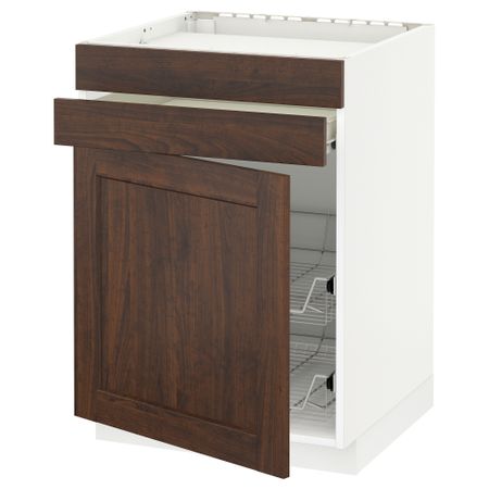 Напольный шкаф для варочной панели, ящик, 2 проволочных корзины МЕТОД / ФОРВАРА, белый, Эдсерум коричневый (60x60 см)