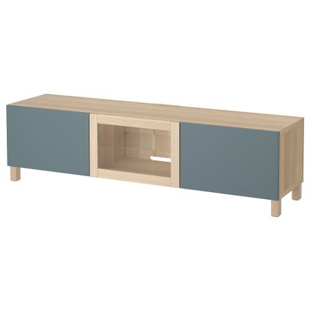 Тумба под ТВ с ящиками и дверцей БЕСТО, под беленый дуб, Вальвикен серо-бирюзовый, прозрачное стекло (180x40x48 см)