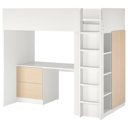 Кровать-чердак, белый береза/с письменным столом с 3 ящиками 90x200 см IKEA SMÅSTAD СМОСТАД 593.920.82