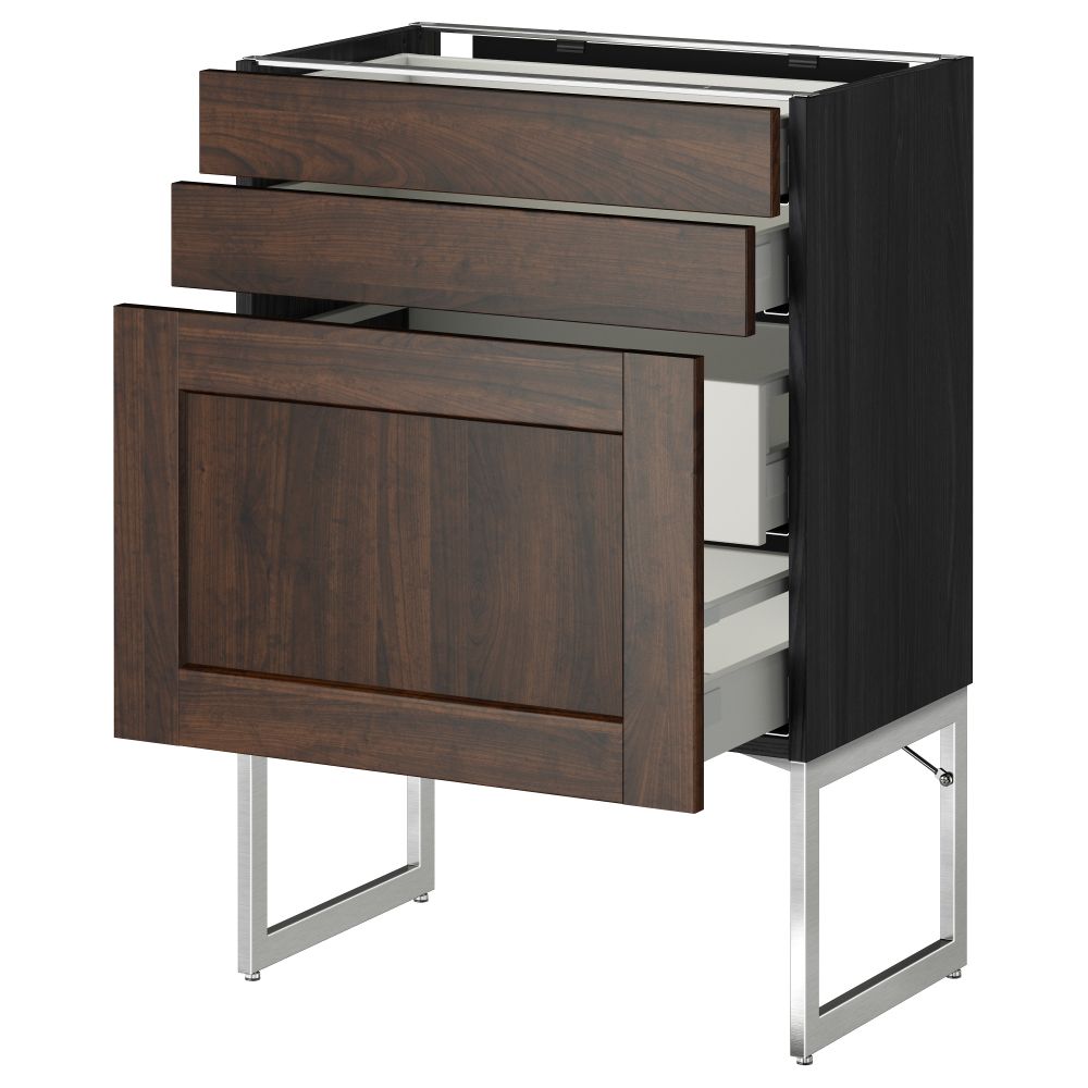 Напольный шкаф 3 фронтальных панели, 2 нижних, 2 средних ящика МЕТОД / МАКСИМЕРА, черный, Эдсерум коричневый - схема-чертеж с размерами