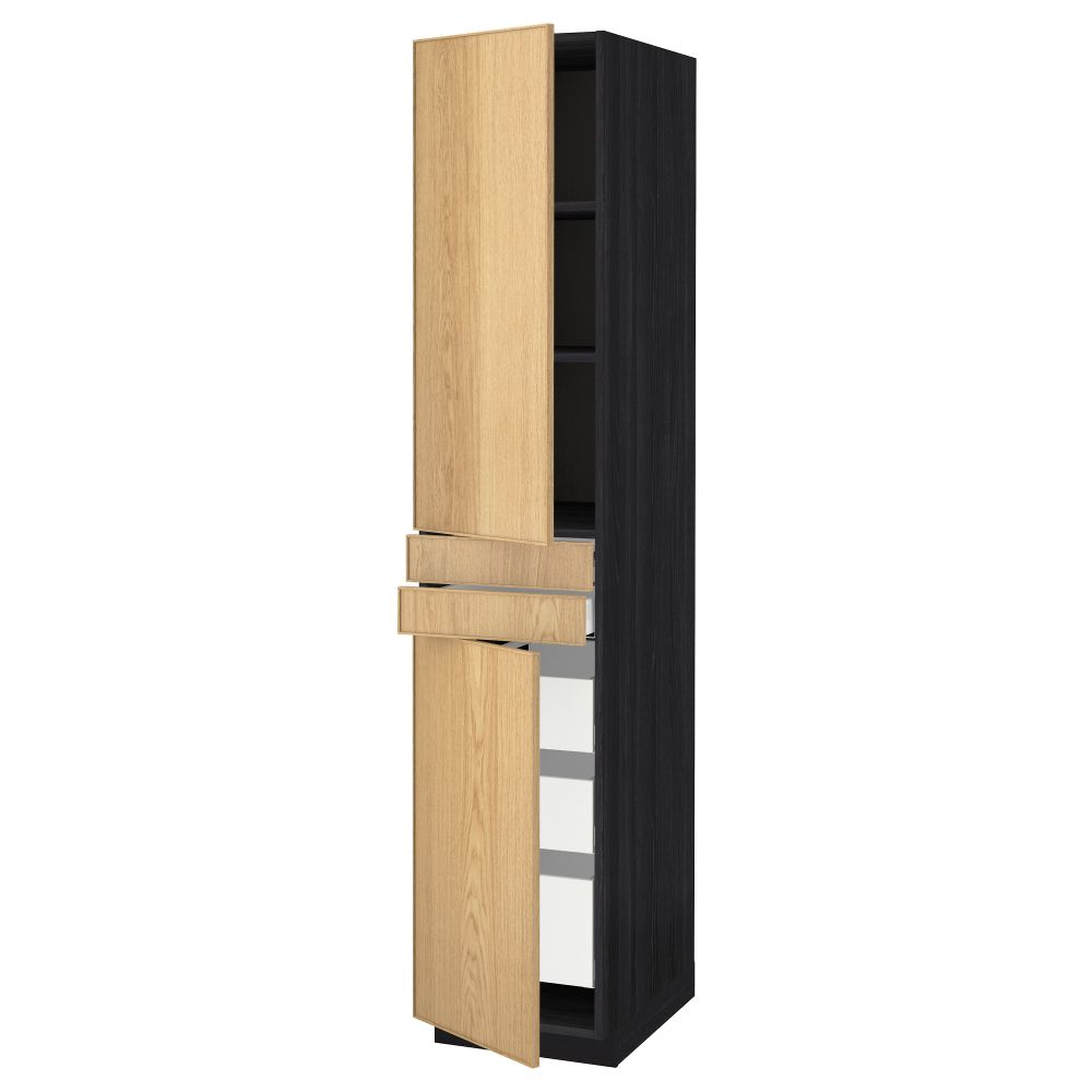 Высокий шкаф + полки, 5 ящиков, 2 дверцы, 2 фронтальных МЕТОД / МАКСИМЕРА, черный, Экестад дуб - схема-чертеж с размерами