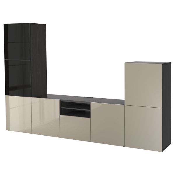 Шкаф для ТВ, комбинированный, стекляные дверцы БЕСТО, черно-коричневый, Сельсвикен глянцевый/бежевый/дымчатое стекло (300x40x192 - фото 1