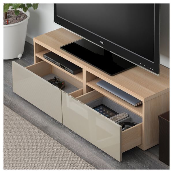 Шкаф для ТВ, комбинированный, стекляные дверцы БЕСТО, под беленый дуб, Сельсвикен глянцевый/бежевый прозрачное стекло - фото 3