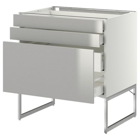 Напольный шкаф 3 фронтальных панели, 2 нижних, 2 средних ящика МЕТОД / МАКСИМЕРА, белый, Гревста нержавеющ сталь