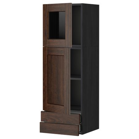 Навесной шкаф, дверцы, стеклянные дверцы, 2 ящика МЕТОД / МАКСИМЕРА, черный, Эдсерум коричневый (40x120 см)