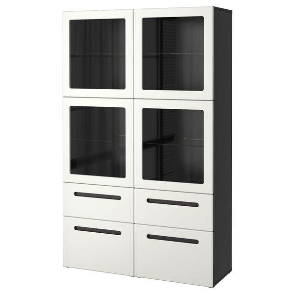 Комбинация для хранения со стеклянными дверцами БЕСТО, черно-коричневый, Марвикен белый прозрачное стекло (120x40x192 см) - фото 1