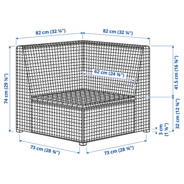 Садовая угловая секция, коричневый IKEA SOLLERÖN СОЛЛЕРОН 203.736.21 - схема-чертеж с размерами