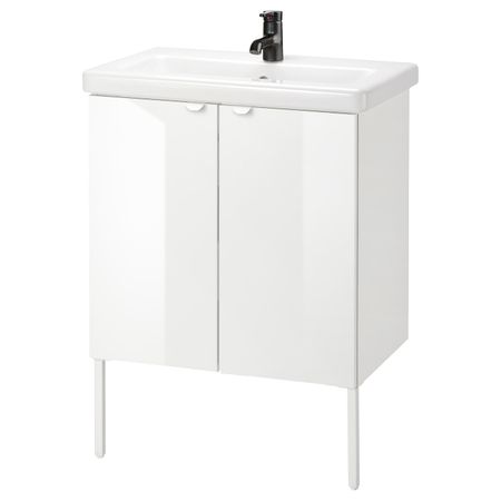 Шкаф под раковину с 2 дверец, глянцевый белый/Сальен смеситель 64x43x88 см IKEA FISKÅN ФИСКОН / TVÄLLEN ТВЭЛЛЕН 194.304.39