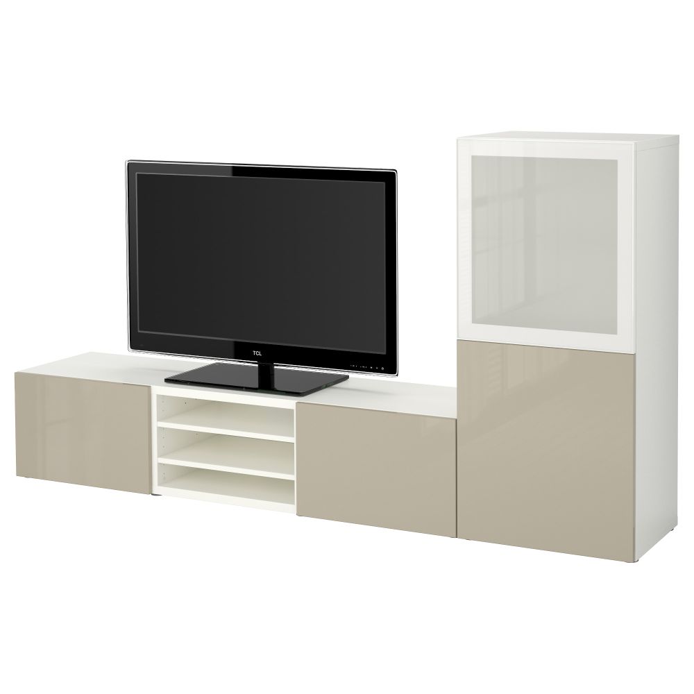 Шкаф для ТВ, комбинированный, стекляные дверцы БЕСТО, белый, Сельсвикен глянцевый/бежевый матовое стекло (240x40x128 см) - фото 1