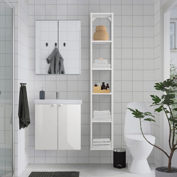 Комплект мебели для ванной,7 предм., глянцевый белый/ПИЛКОН смеситель 64x43x65 см IKEA FISKÅN ФИСКОН / TVÄLLEN ТВЭЛЛЕН - схема-чертеж с размерами