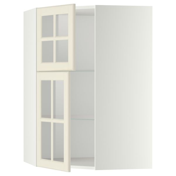 Угловой навесной шкаф + полки, 2 стеклянные дверцы МЕТОД, белый, Будбин белый с оттенком (68x100 см) - схема-чертеж с размерами