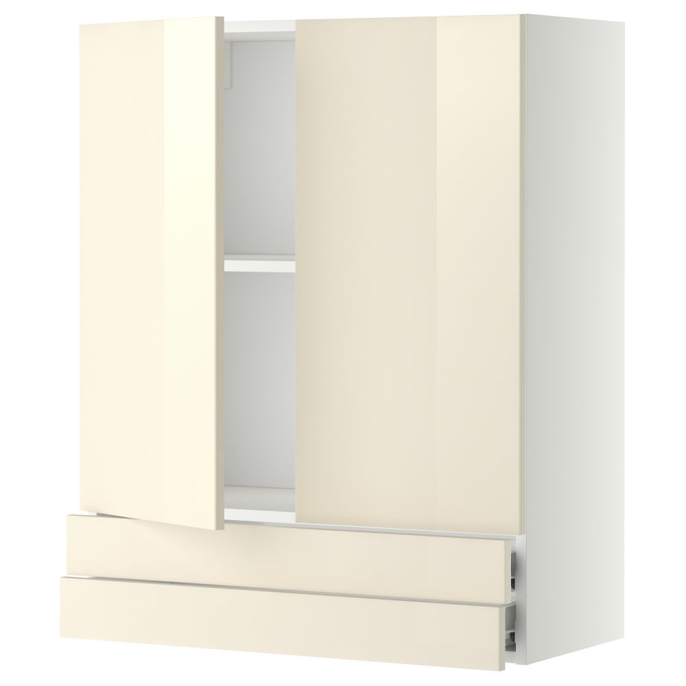 Навесной шкаф, 2 дверцы, 2 ящика МЕТОД / ФОРВАРА, белый, Рингульт кремовый - фото 1