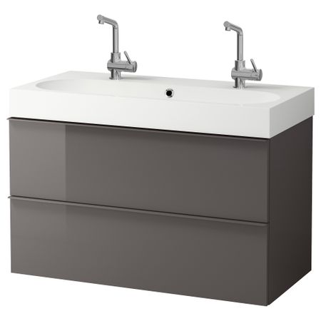 Шкаф для раковины с 2 ящиками ГОДМОРГОН / БРОВИКЕН, глянцевый серый (100x49x68 см)