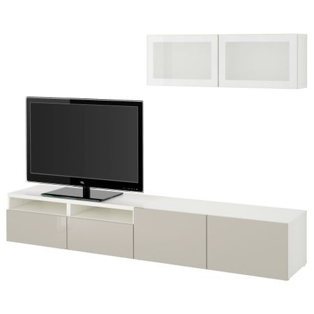 Шкаф для ТВ, комбинированный, стекляные дверцы БЕСТО, белый, Сельсвикен глянцевый/бежевый матовое стекло (240x20/40x166 см)