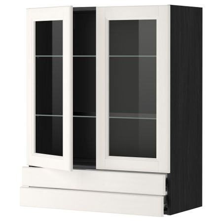 Навесной шкаф, 2 стеклянные дверцы, 2 ящика МЕТОД / ФОРВАРА, черный, Лаксарби белый