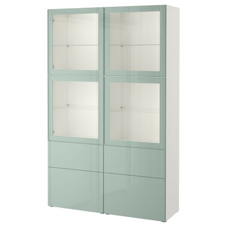 Комбинация для хранения со стеклянными дверцами БЕСТО, белый Сельсвикен, глянцевый/серо-зеленый светлый прозрачное стекло