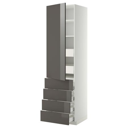 Высокий шкаф с полками/6 ящик, дверцами, 4 фронтальные панели МЕТОД / МАКСИМЕРА, белый, Рингульт серый