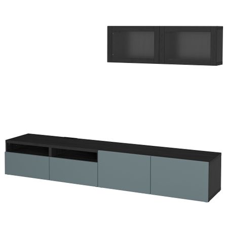 Шкаф для ТВ, комбинированный, стекляные дверцы БЕСТО, черно-коричневый, Вальвикен серо-бирюзовый, прозрачное стекло