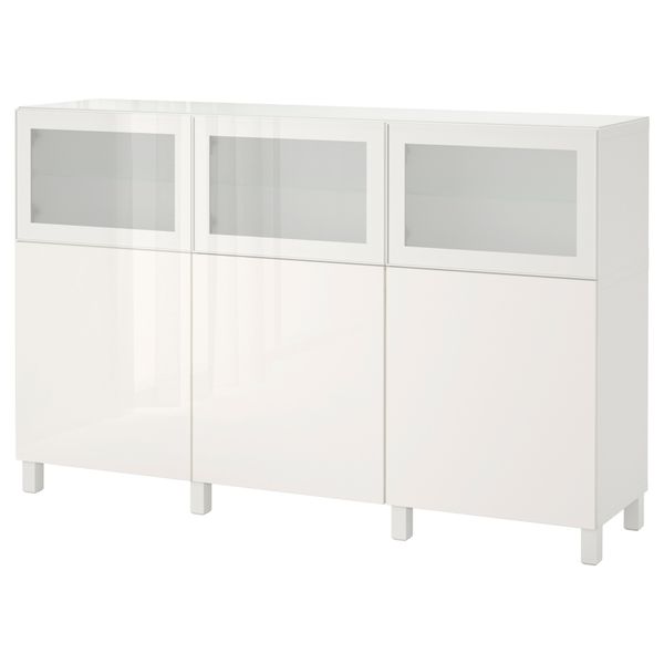 Комбинация для хранения с дверцами БЕСТО, белый Сельсвикен, Глассвик глянцевый/белый матовое стекло (180x40x112 см) - фото 1