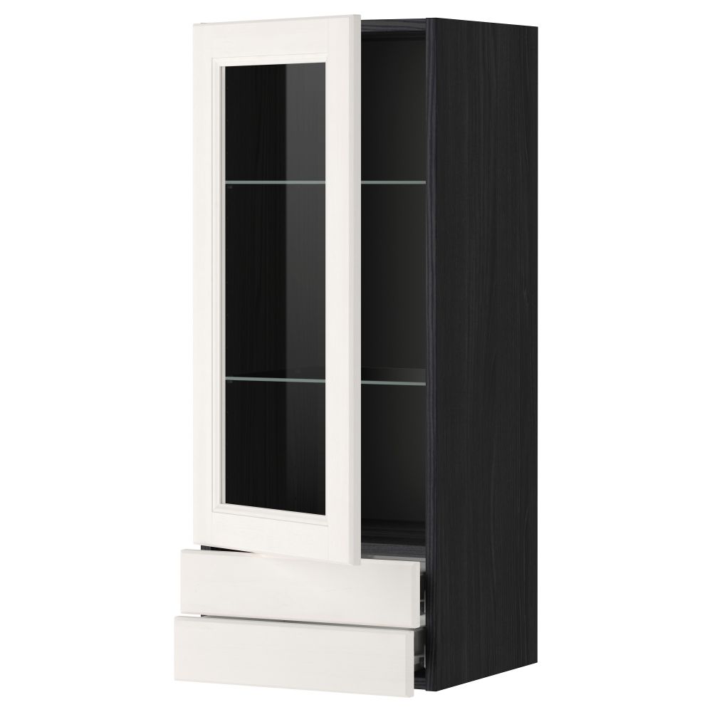 Навесной шкаф, стеклянная дверца, 2 ящика МЕТОД / ФОРВАРА, черный, Лаксарби белый - фото 1