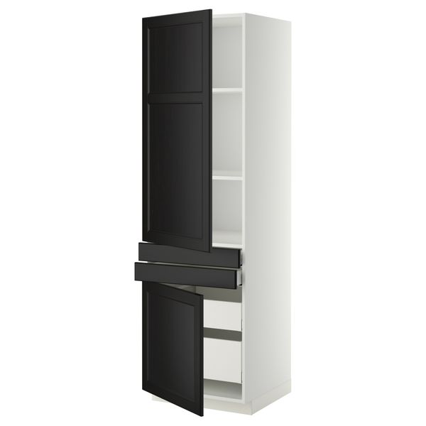 Высокий шкаф + полки, 4 ящик, 2 двери, 2 фронтальные МЕТОД / МАКСИМЕРА, белый, Лаксарби черно-коричневый (60x60x200 см) - фото 1