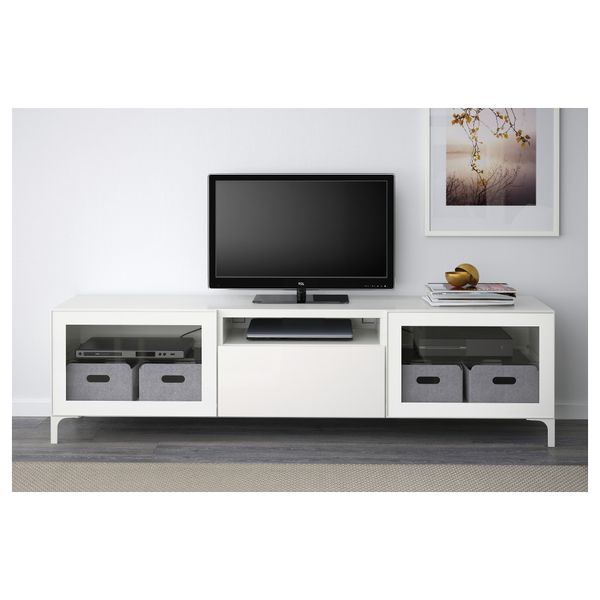 Тумба под ТВ БЕСТО, белый, Сельсвикен глянцевый/белый прозрачное стекло (180x40x48 см) - фото 2