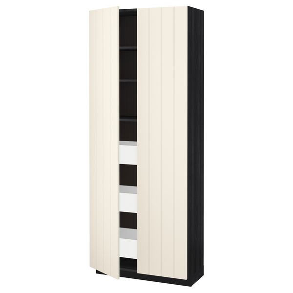 Высокий шкаф с ящиками, 2 дверцы МЕТОД / МАКСИМЕРА, черный, Хитарп белый с оттенком (80x37x200 см) - схема-чертеж с размерами