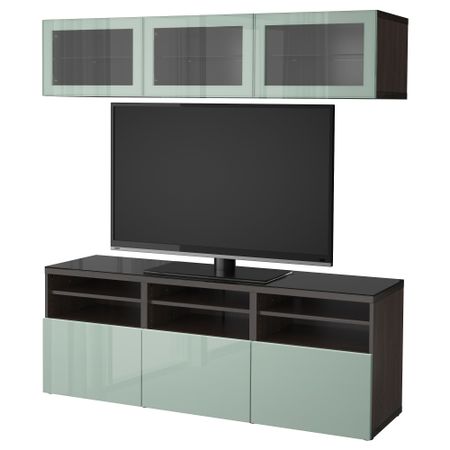 Шкаф для ТВ, комбинированный, стекляные дверцы БЕСТО, черно-коричневый Сельсвикен, глянцевый/серо-зеленый светлый прозрачное