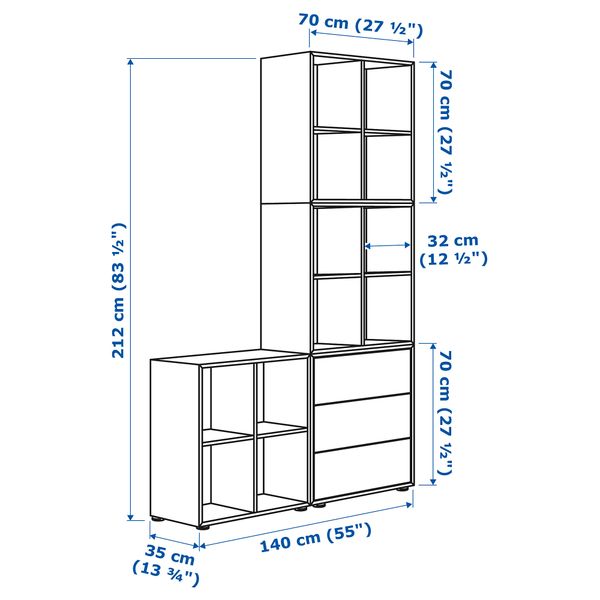 Комбинация шкафов с ножками, 140x35x212 см, темно-серый IKEA EKET ЭКЕТ 991.913.50 - схема-чертеж с размерами