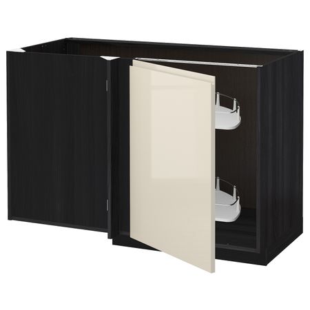 Угловой напольный шкаф с выдвижной секц, черный, Воксторп глянцевый светло-бежевый 128x68 см IKEA МЕТОД 492.245.79