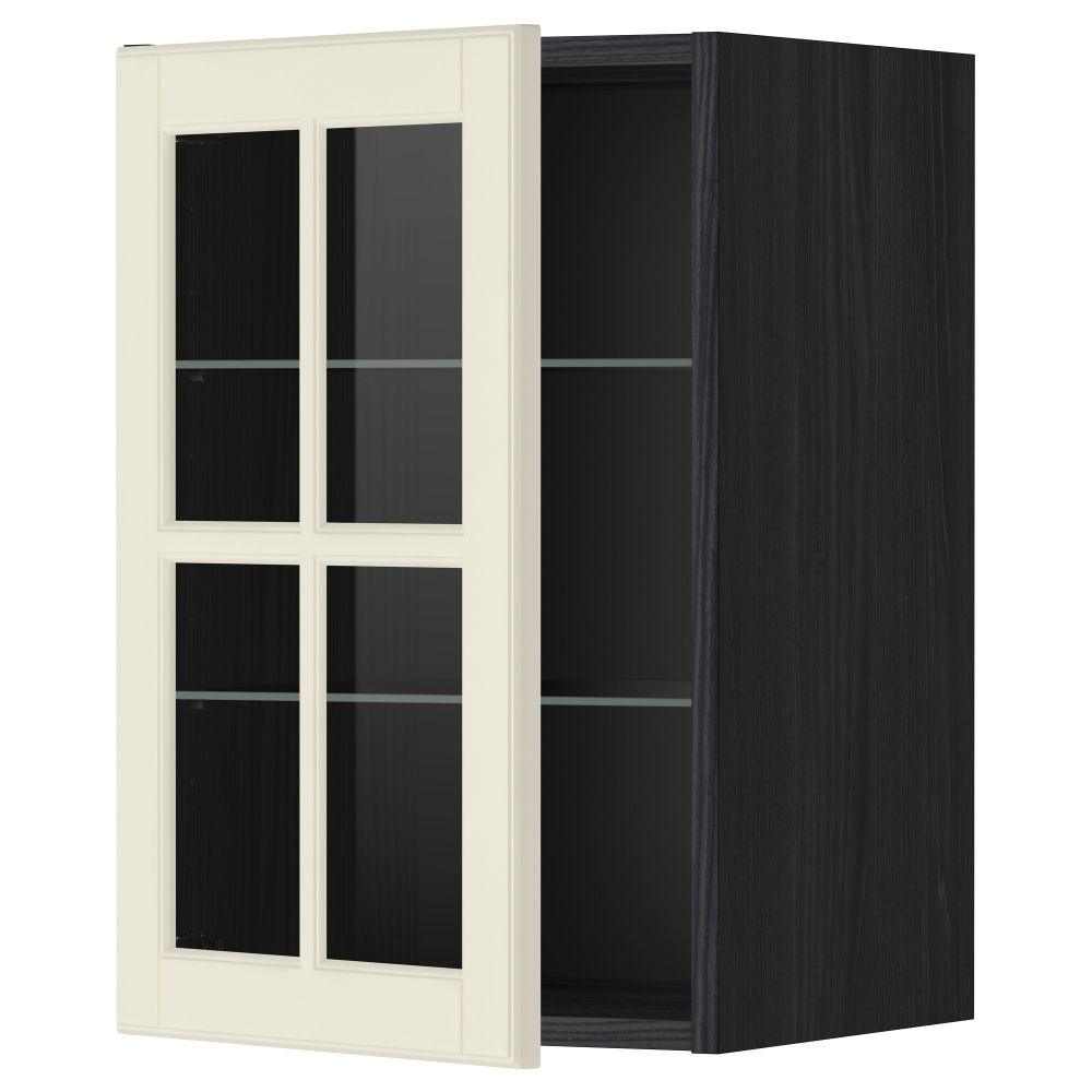 Навесной шкаф с полками, стекляными дверцы МЕТОД, черный, Будбин белый с оттенком - схема-чертеж с размерами