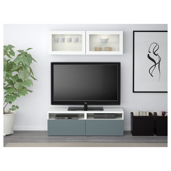 Шкаф для ТВ, комбинированный, стекляные дверцы БЕСТО, белый, Вальвикен серо-бирюзовый, прозрачное стекло (120x20/40x166 см) - фото 2