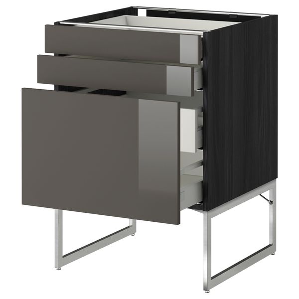 Напольный шкаф 3 фронтальных панели, 2 нижних, 2 средних ящика МЕТОД / МАКСИМЕРА, черный, Рингульт серый - схема-чертеж с размерами
