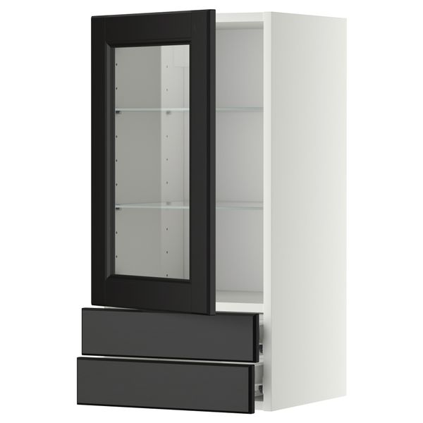 Навесной шкаф, стеклянная дверца, 2 ящика МЕТОД / ФОРВАРА, белый, Лаксарби черно-коричневый - фото 1